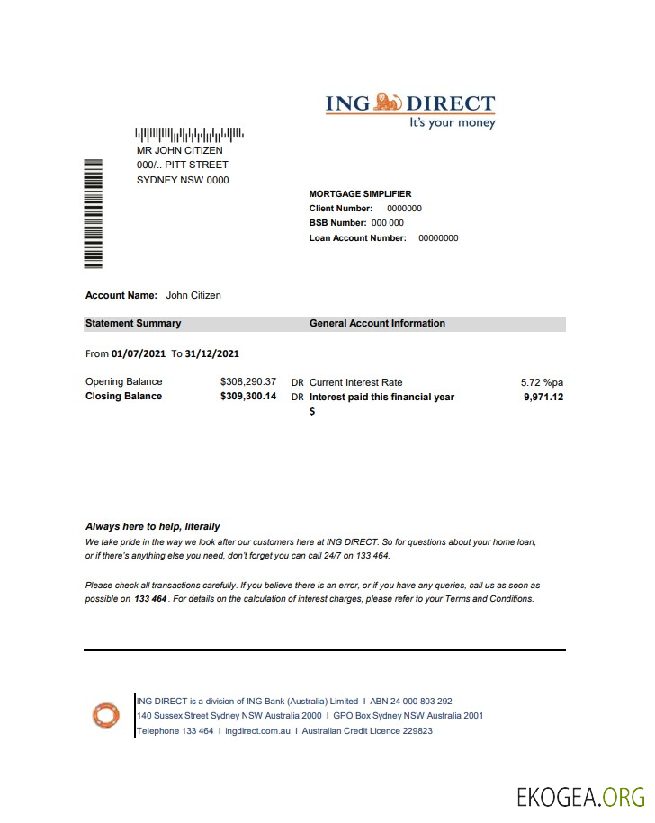 Modèle de relevé bancaire ING Direct Australie facile à remplir au format Excel et PDF